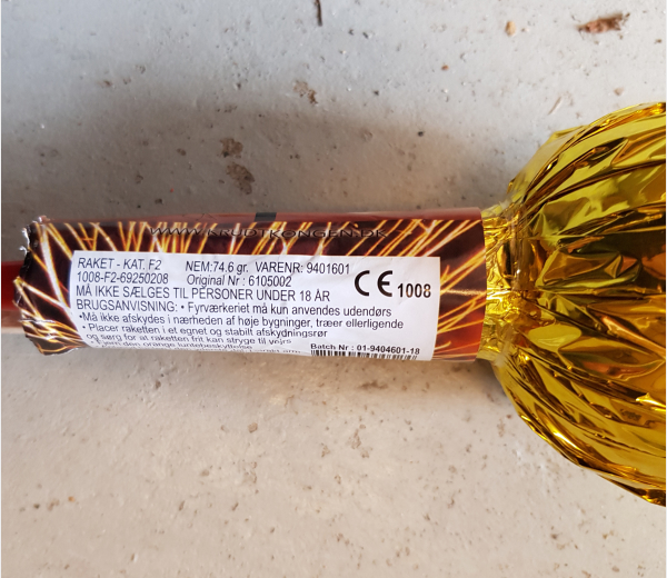 4" Kugleraket, CE-reg. nr. 1008-F2-69250208 og batchnr. 01-9404601-18
